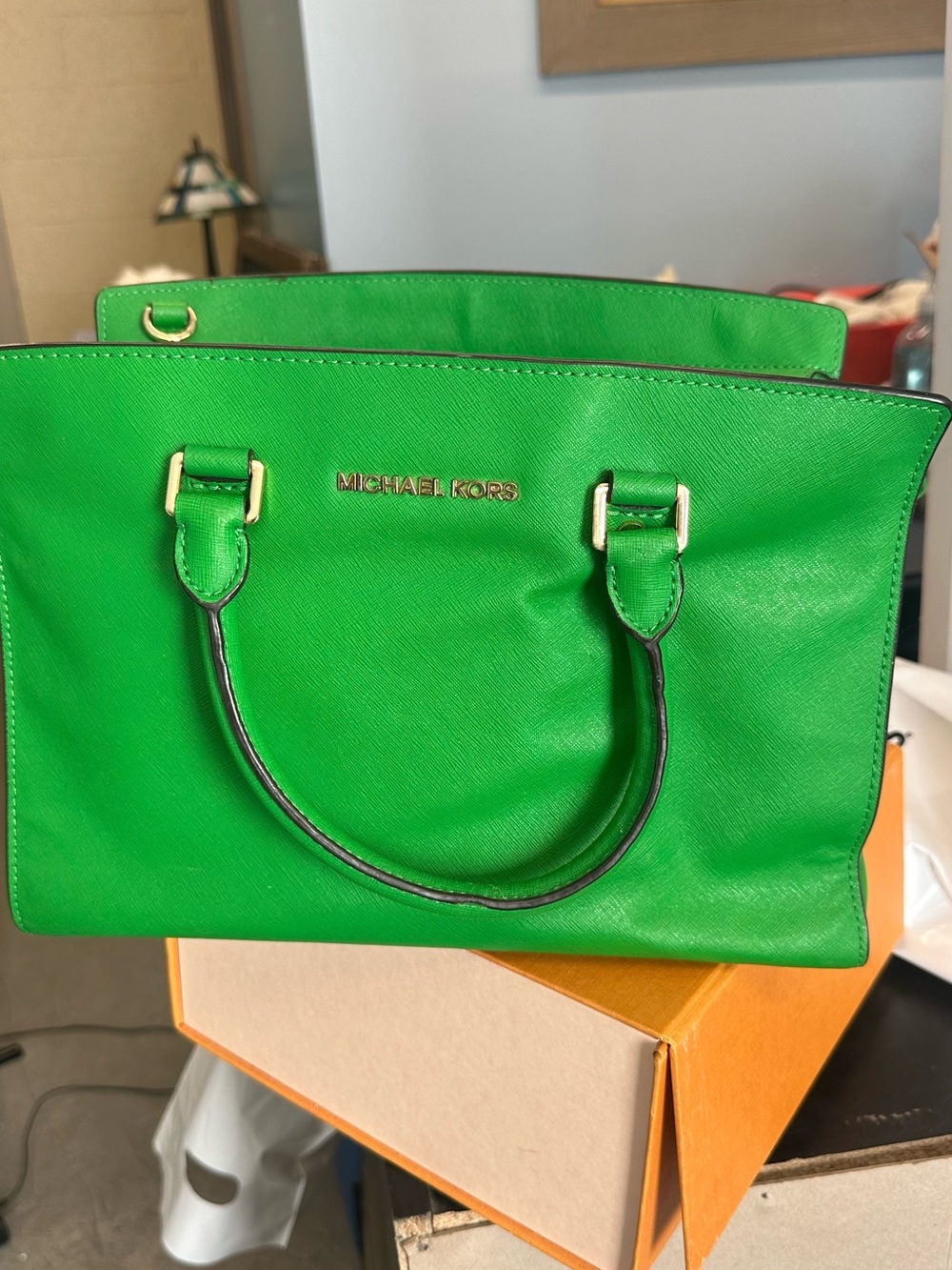 Michael Kors Bright Green Saffiano Leather Tote with Gold Hardware